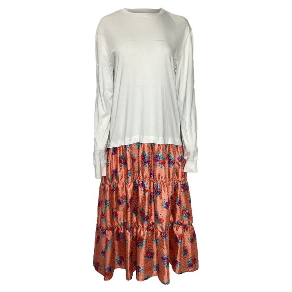 MSGM Floral Printed Long Sleeve Midi Tiered Dress in Multicolor Polyester